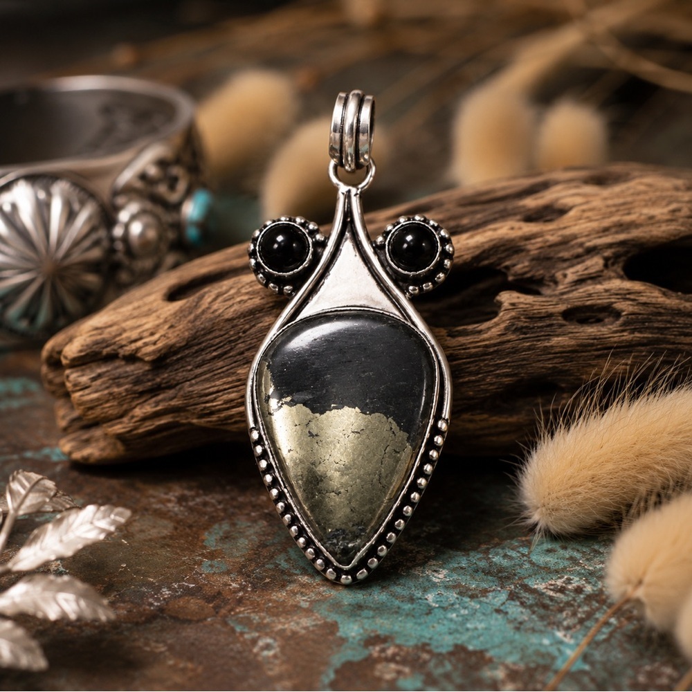Artisan Silver Hematite Teardrop Pendant Necklace - Black Agate accents Rubyrudi